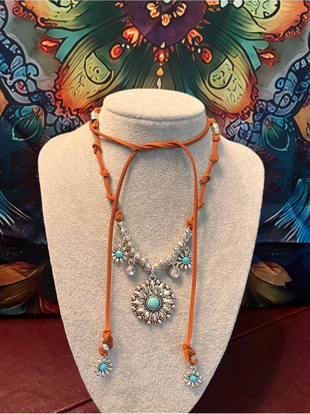 Bohemian Suede Corded “Desert Moon” Sunflower Handmade Necklace - Picture 8 of 8
